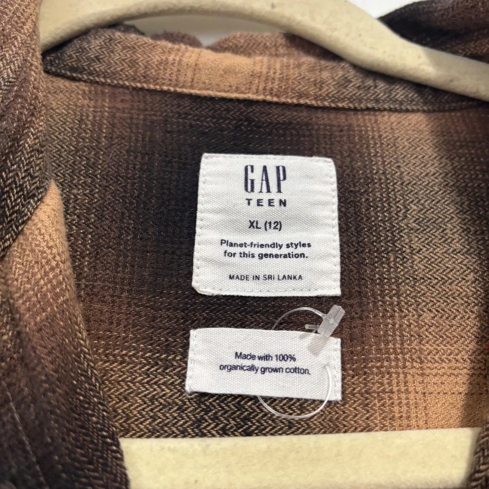 Gap Teen Kids XL 12 Brown Black Plaid‎ Flannel Organic Cotton Button Down Shirt